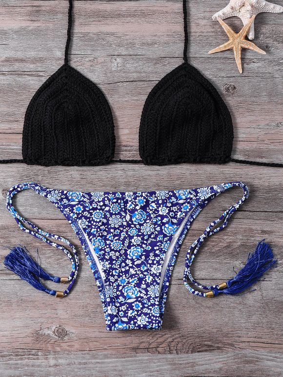 Élégant Halter Bra et floral minuscule Imprimer Slips Ensemble bikini pour les femmes - Bleu profond S