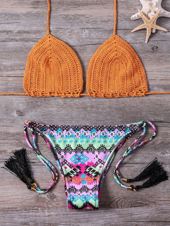 Ethnique style Halter Imprimé Crochet Bikini pour les femmes - Orange L
