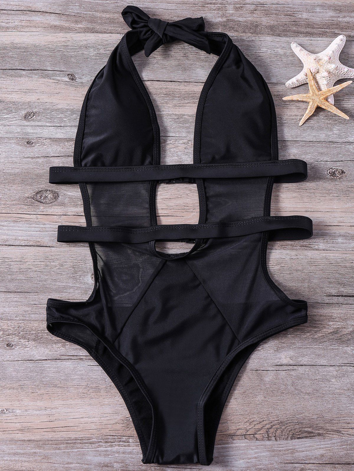 

Stylish Women's Halter Mesh Splicing Black One-Piece Swimsuit