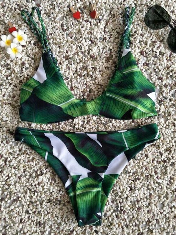 Ensemble de bikini à bretelle frange imprimé palmier - Vert L