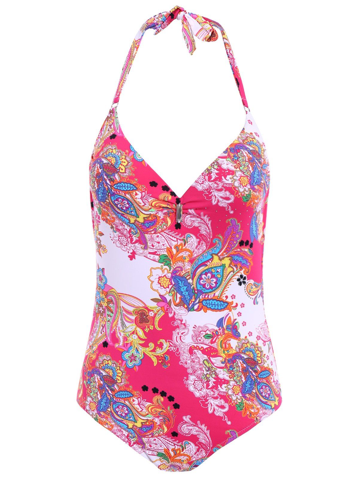 

Chic Halter Floral Print Low Cut One-Piece Women's Swimwear, Pink