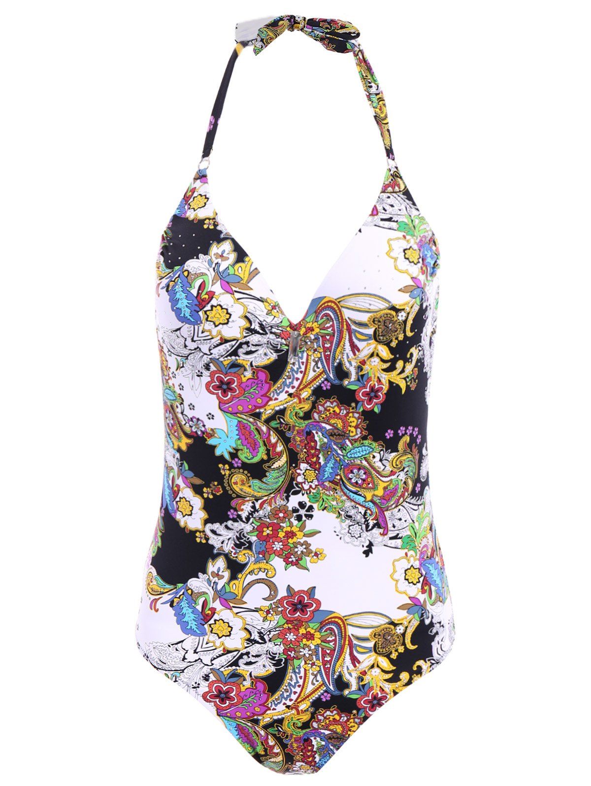 

Chic Halter Floral Print Low Cut One-Piece Women's Swimwear, Black