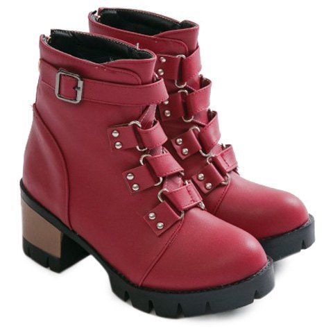 

Studded Buckle Strap Short Boots, Red