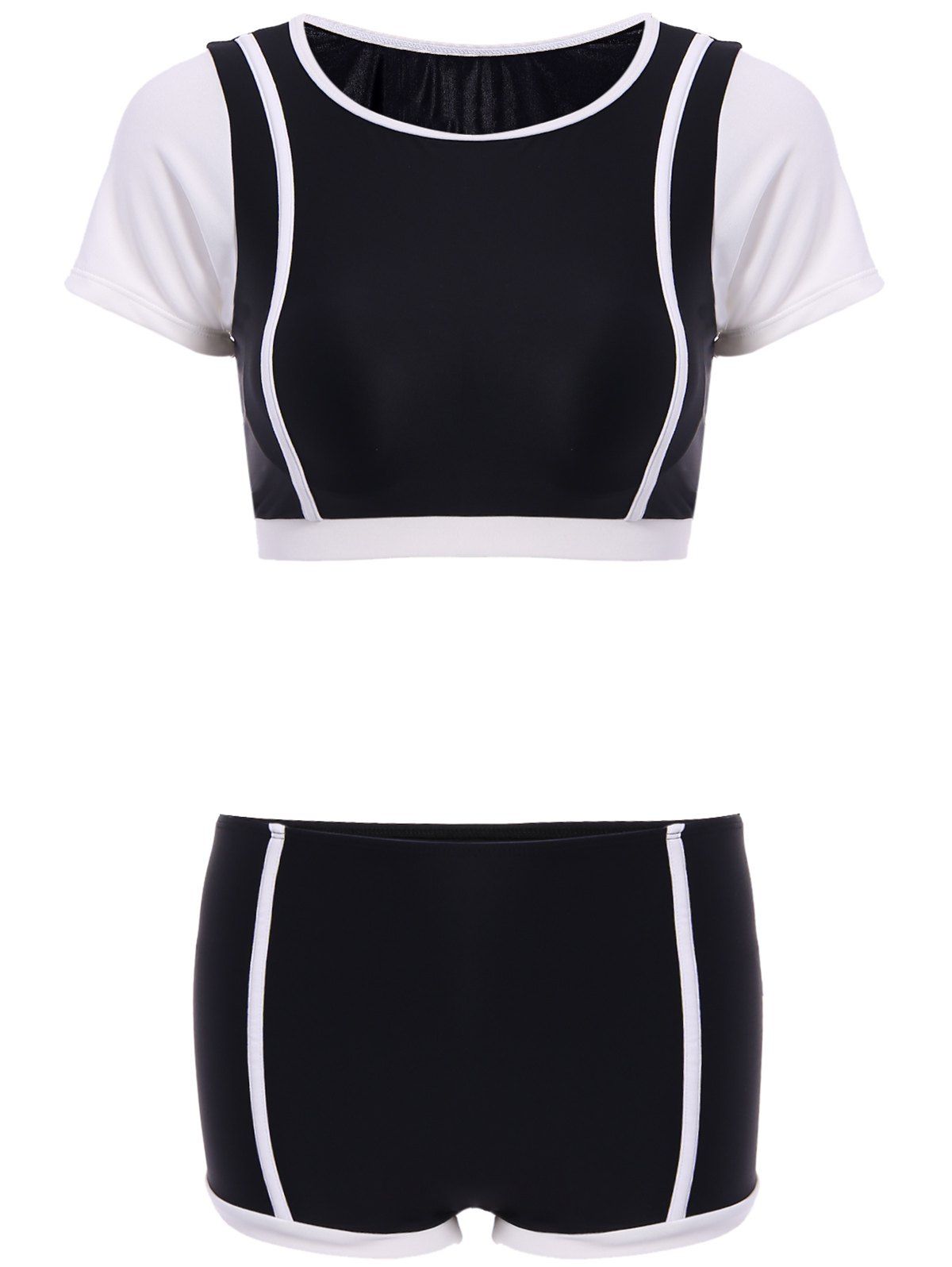 

High Neck Color Block Short Sleeve Two Piece Swimwear For Women, Black