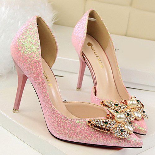 

Sequined Butterfly Faux Pearl Pumps, Pink