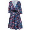 Retro Style Cuffed Sleeve Belted Floral Dress For Women - Bleu 2XL