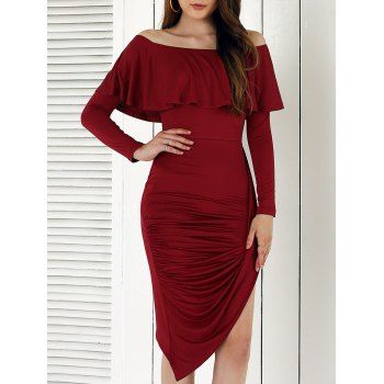 

Novelty Long Sleeve Asymmetrical Overlay Dress, Wine red