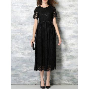 [41% OFF] 2023 High Waist Bowknot Midi Lace Dress In BLACK | DressLily
