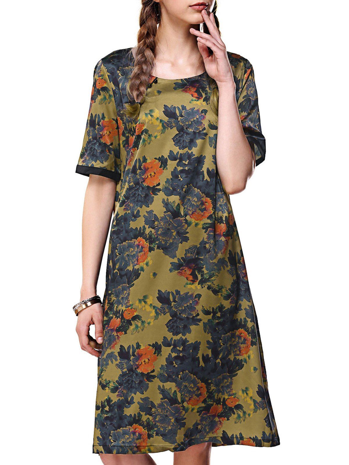 

Pocket Floral Print Button Relaxed Dress, Colormix