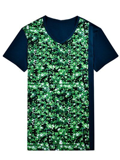 Geometric Print V-Neck Bling T-Shirt - GREEN S