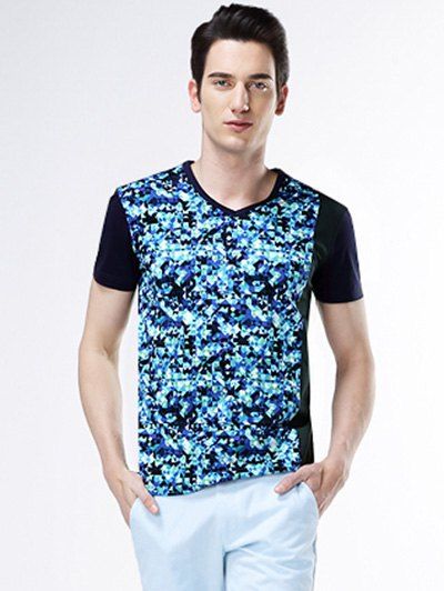 Imprimé géométrique V-Neck Bling T-shirt - Bleu XL