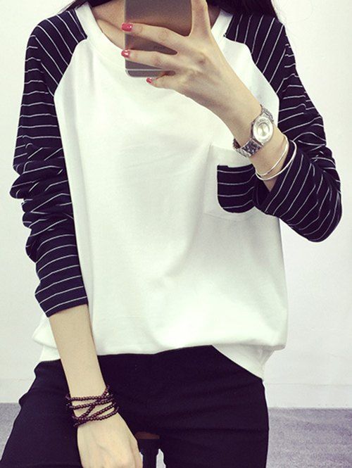 Poche avant rayé T-Shirt Femme Brief  's manches longues - Blanc XL