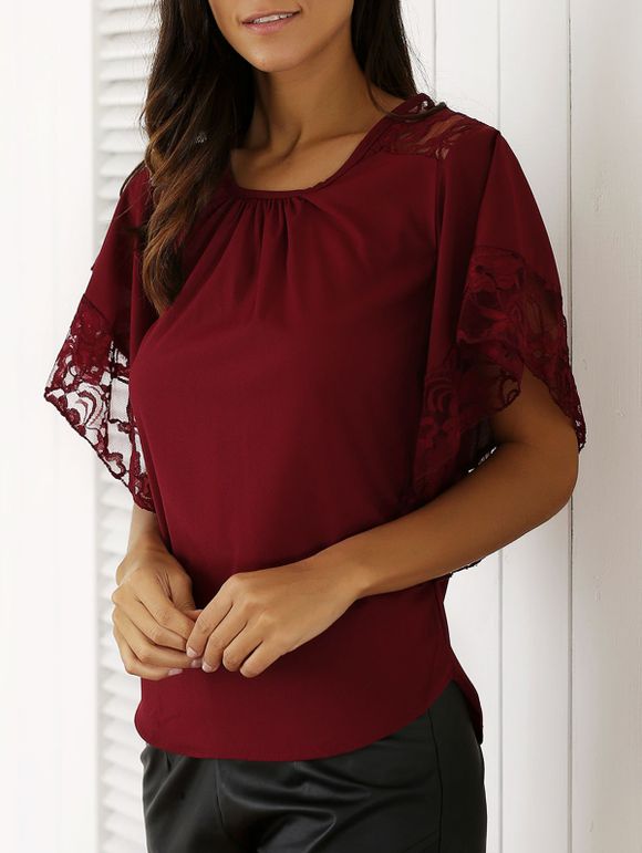 Chic Batwing Sleeve Lace Spliced ​​Blouse - Rouge XL