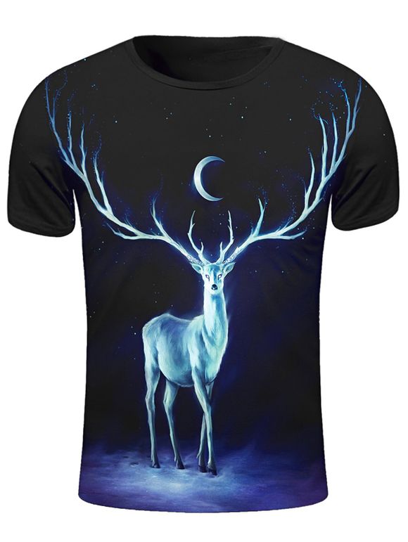 3D ciel étoilé et Elk Imprimer ronde T-shirt ras du cou à manches courtes hommes élégants  's - Noir 2XL