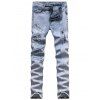 Effilochée patché Zipper Fly Pocket Rivet Ripped Jeans - Bleu clair 28