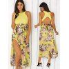 Floral Print Fente Side Cut Out Maxi Dress - Jaune XL