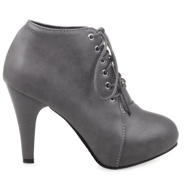 

PU Leather Platform Tie Up Ankle Boots, Gray