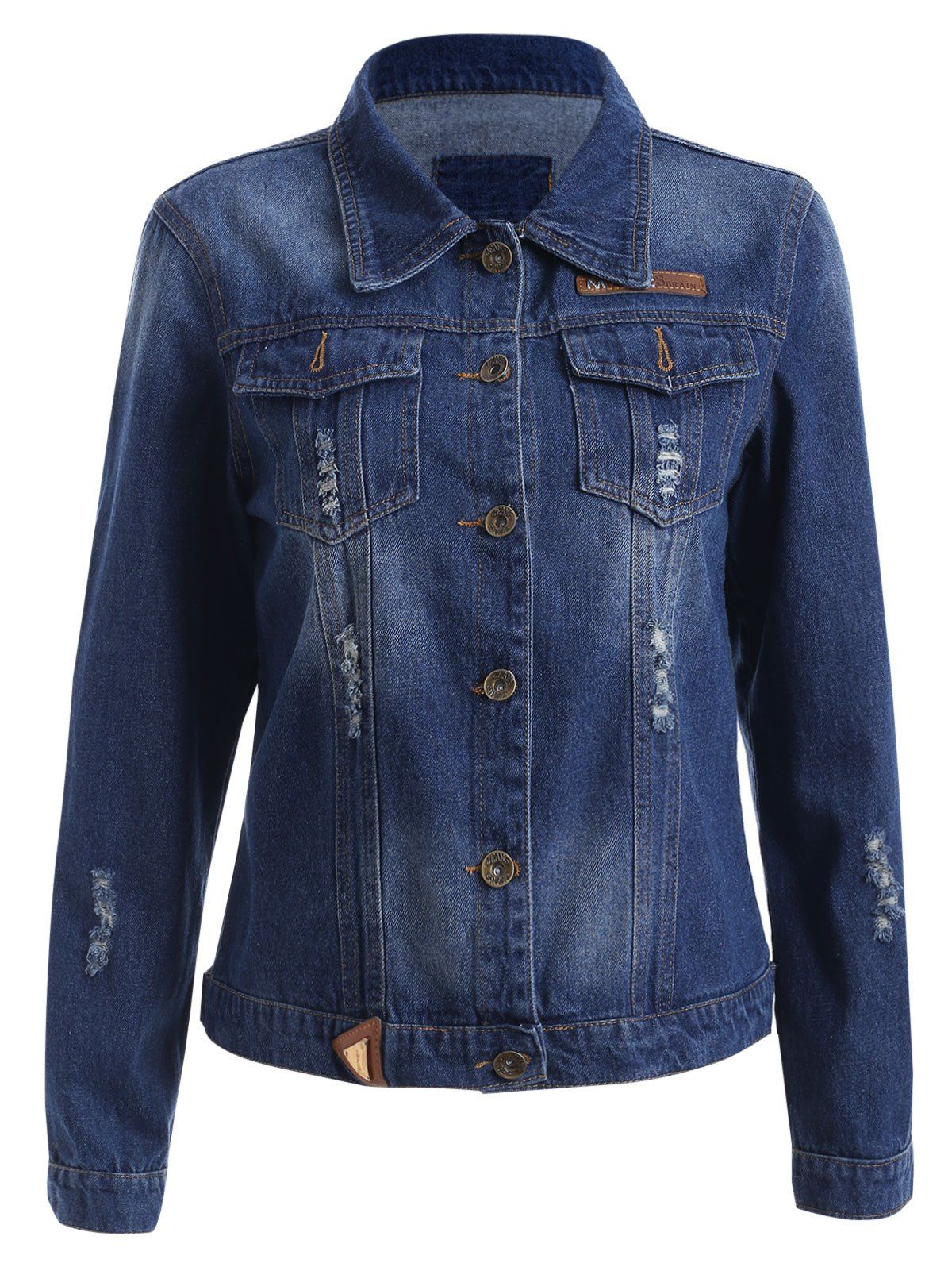 

Buttoned Broken Hole Denim Jacket, Deep blue