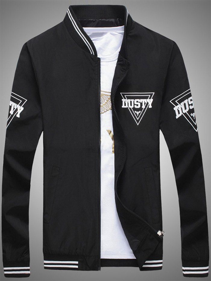 

Inverted Triangle Print Long Sleeve Zip Up Varsity-Striped Jacket, Black
