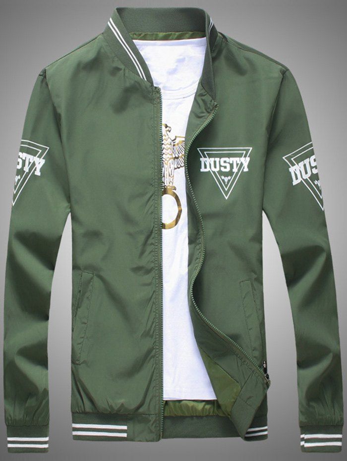 

Inverted Triangle Print Long Sleeve Zip Up Varsity-Striped Jacket, Army green