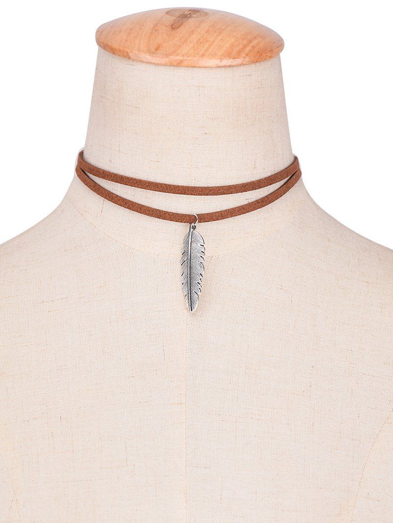

Faux Leather Alloy Feather Choker Necklace, Brown