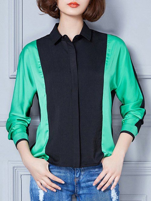 

Contrast Color Spliced Loose-Fitting Shirt, Green