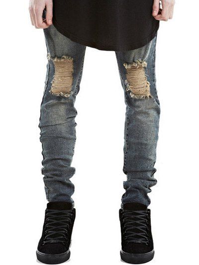 Jeans Skinny Braguette à Glissière Usé Déchiré - Métallique 30