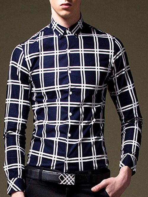 À manches longues Plaid Button-Down Shirt - Bleu profond XL
