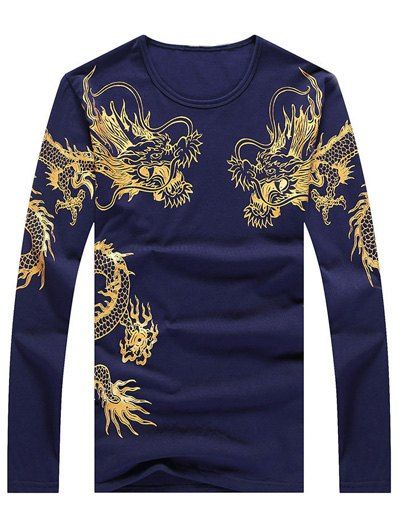 

Round Neck Long Sleeve Totem Print T-Shirt, Cadetblue