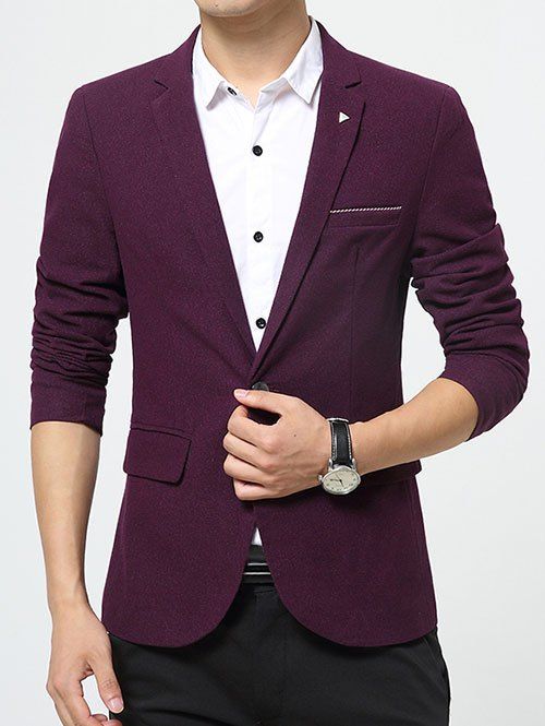 

Single Button Geometric Pattern Lapel Collar Back Slit Blazer, Purplish red