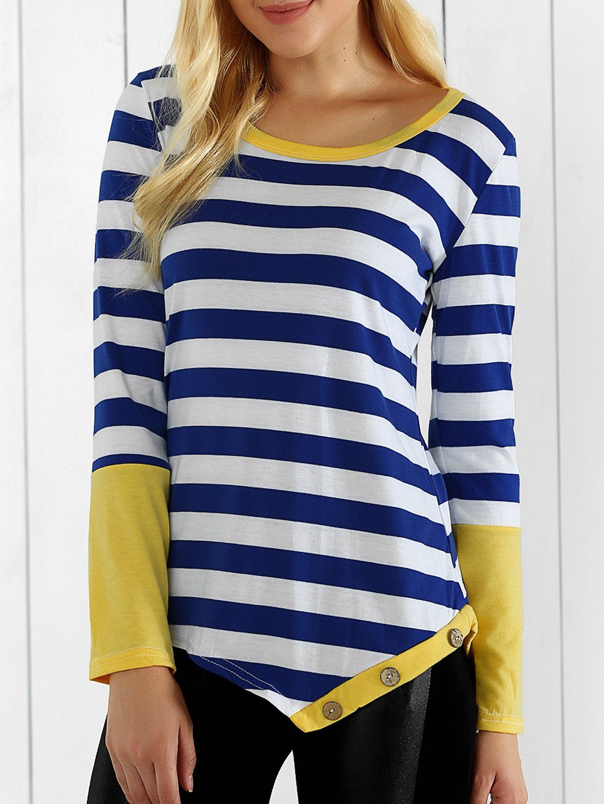 

Asymmetric Hem Striped Long Sleeve Tee, Blue