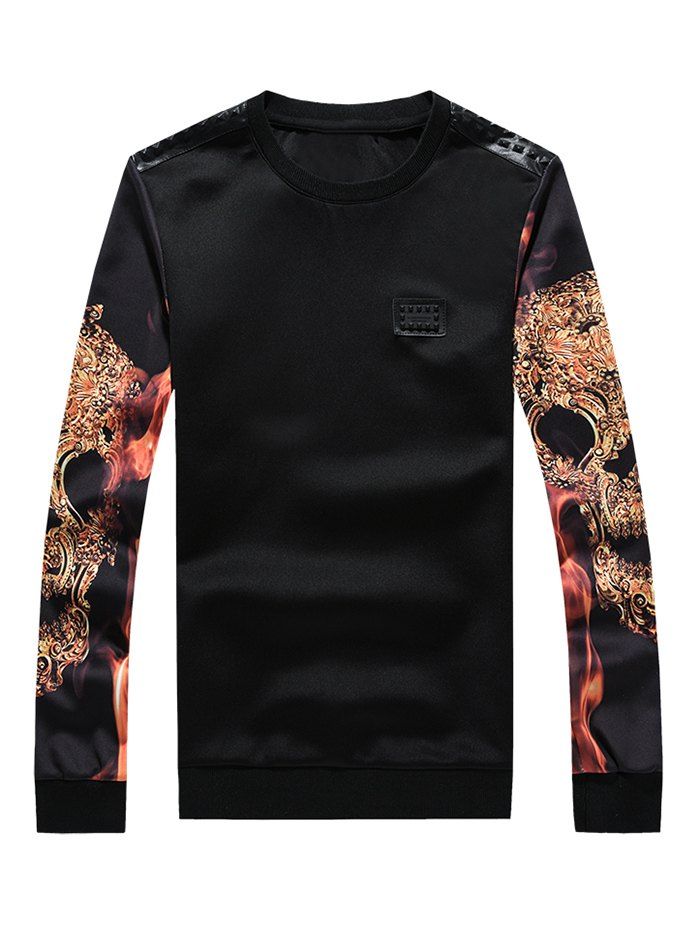 

Long Sleeve 3D Print Faux Leather Spliced Sweatshirt, Black