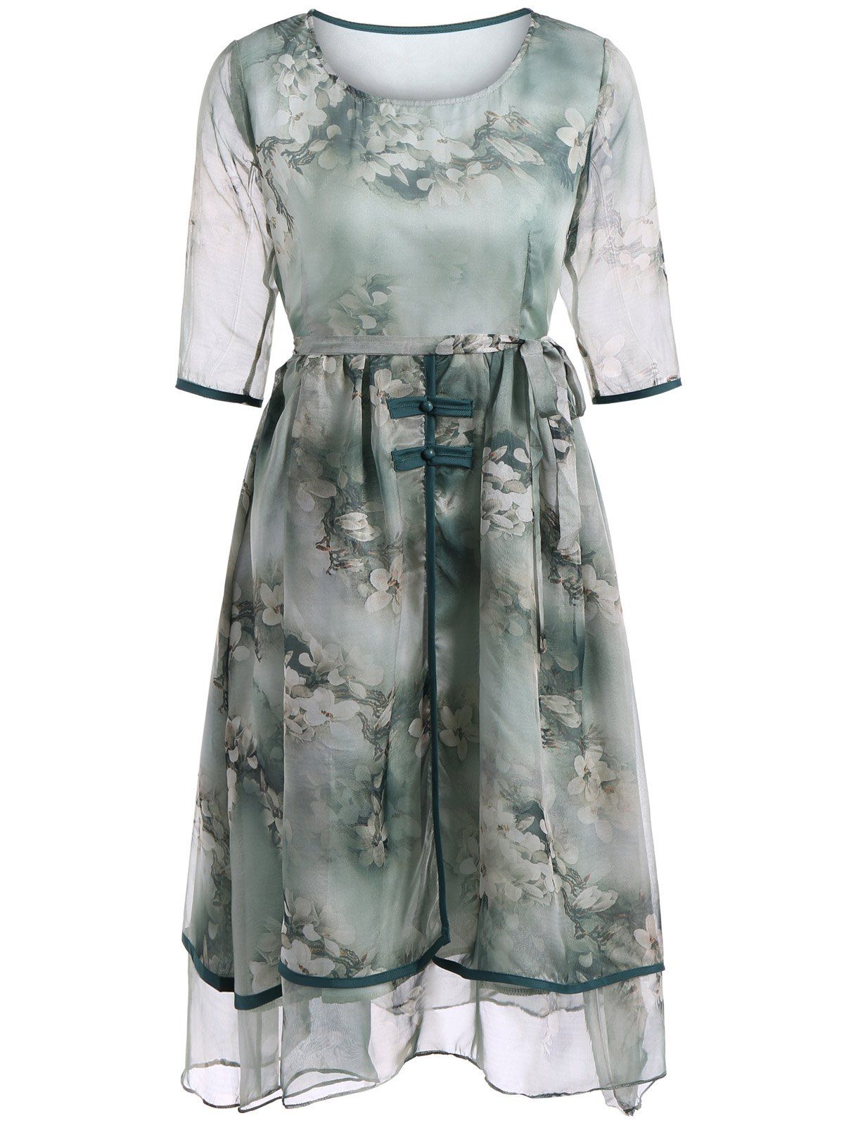 

Elegant Floral Print Two-Layered Belted Full Dress, Green