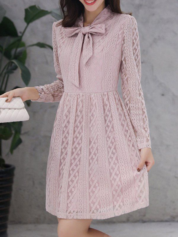 

Bow Tie Long Sleeve Lace Dress, Pink