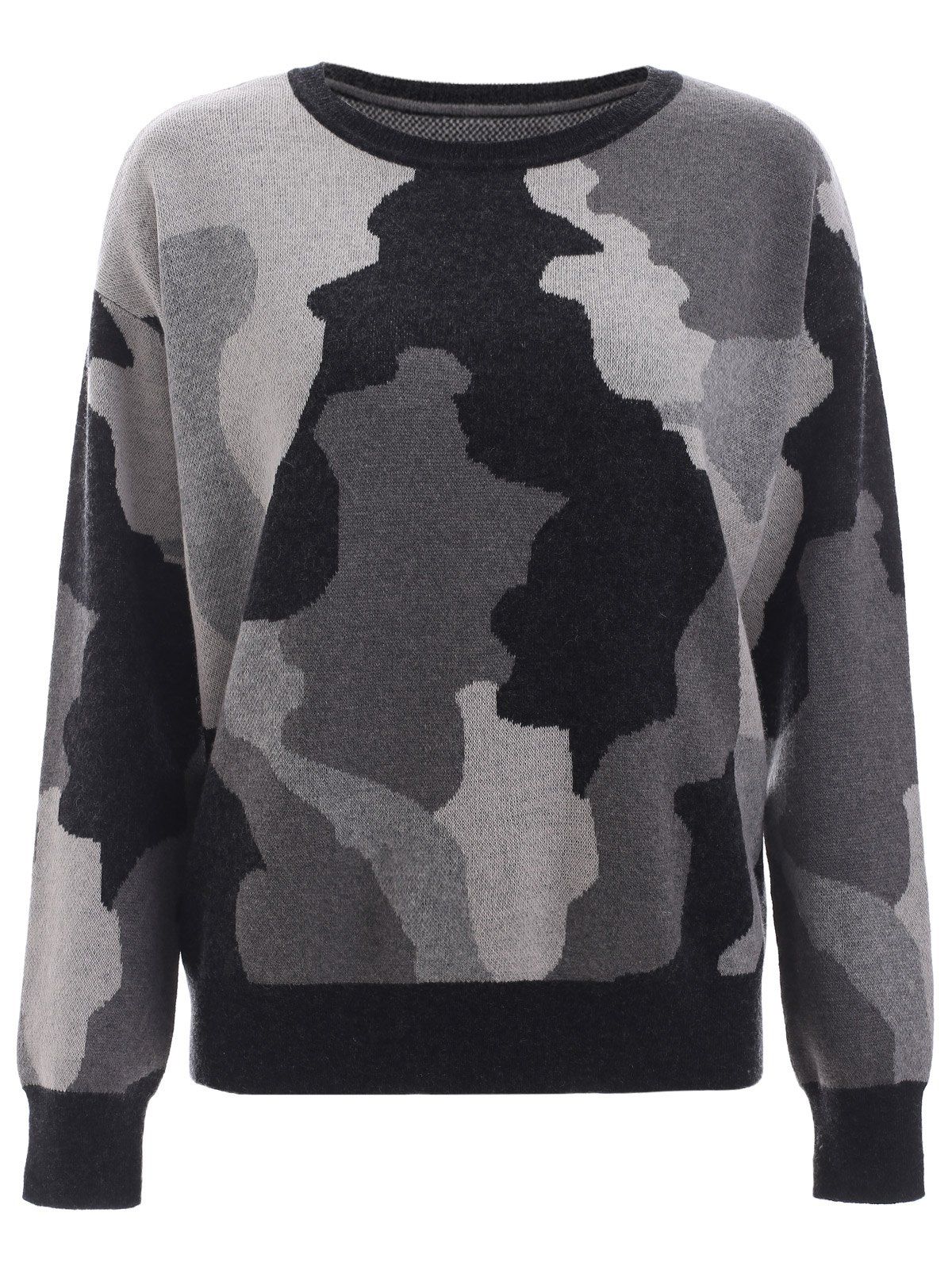 

Round Neck Camo Print Knitted Pullover, Black
