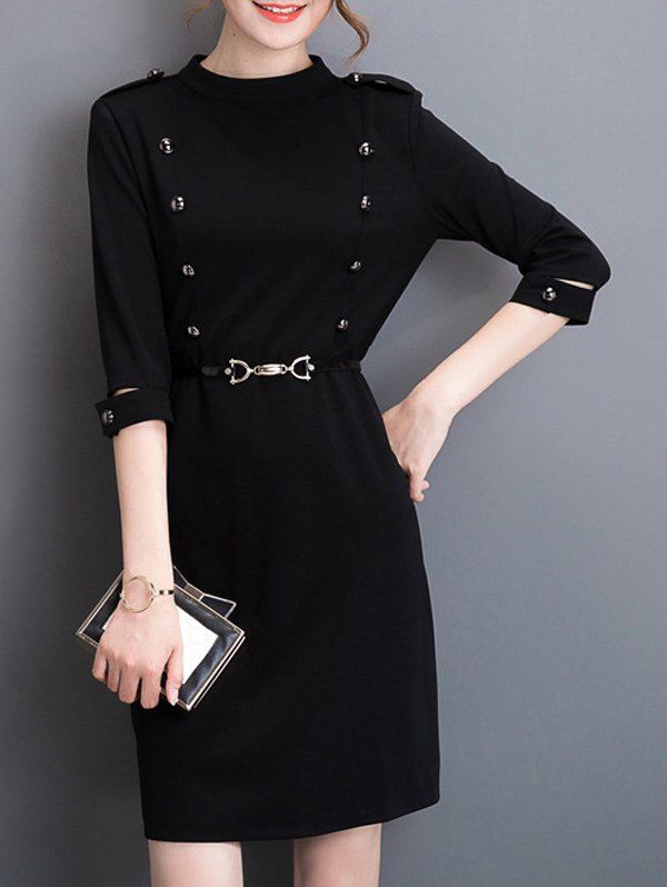 

Back Zipper Belted Dress, Black