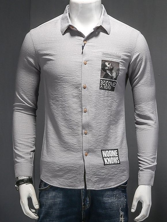 Tournez-Down Collar manches Lettre Long et Figure Imprimer Cotton Linen Shirt + - Gris L