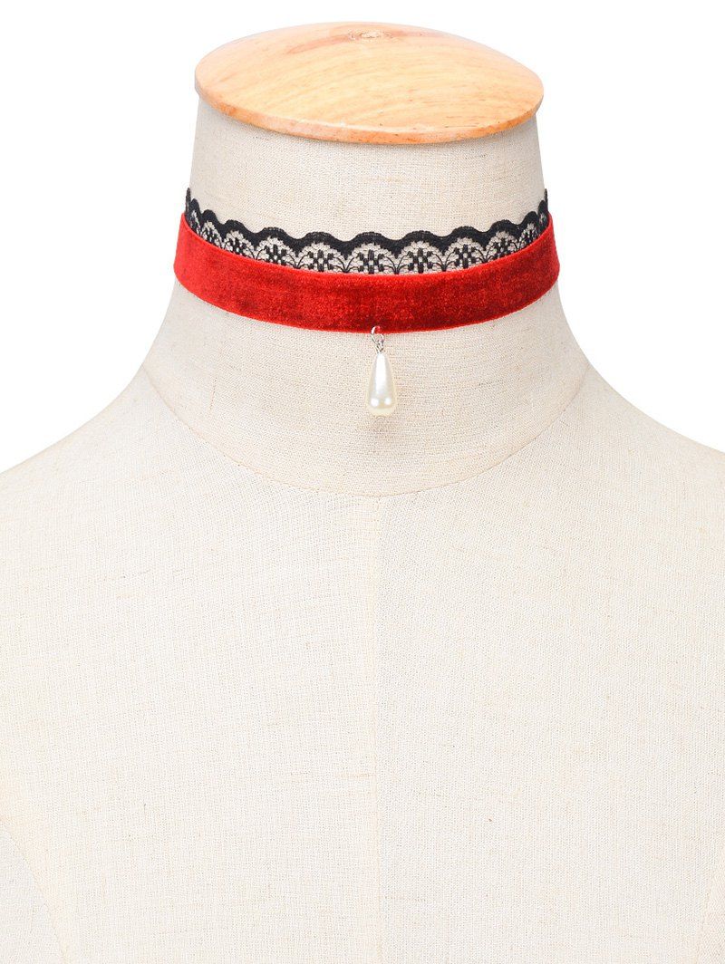 

Artificial Pearl Velvet Water Drop Choker, Red