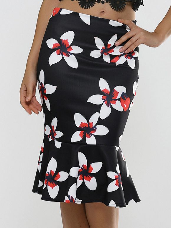 Taille haute imprimé floral Minceur jupe sirène - Noir M