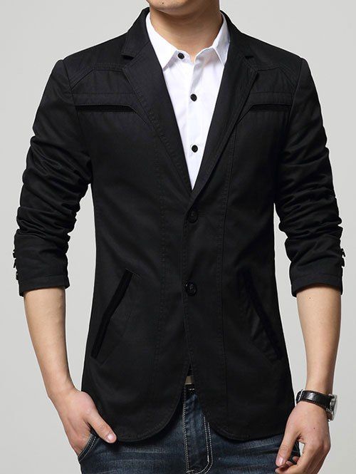 

Lapel Collar Seam Pocket Spliced Slim Fit Blazer, Black