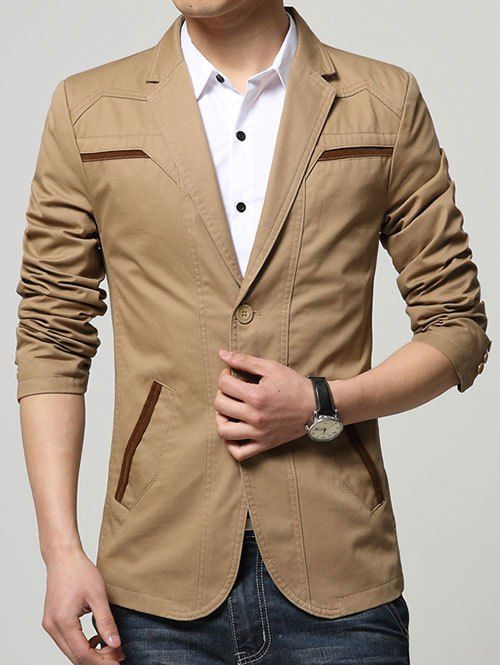 

Lapel Collar Seam Pocket Spliced Slim Fit Blazer, Khaki