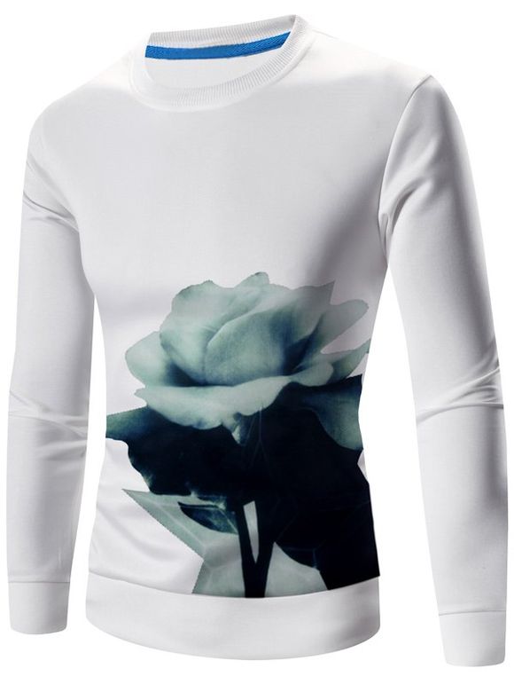Sweat-shirt 3D Flroal Imprimé Manches Longues à Col Rond - Blanc 3XL