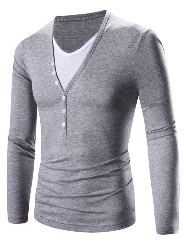 

Faux Twinset Color Block Splicing Design V-Neck Long Sleeve T-Shirt, Light gray