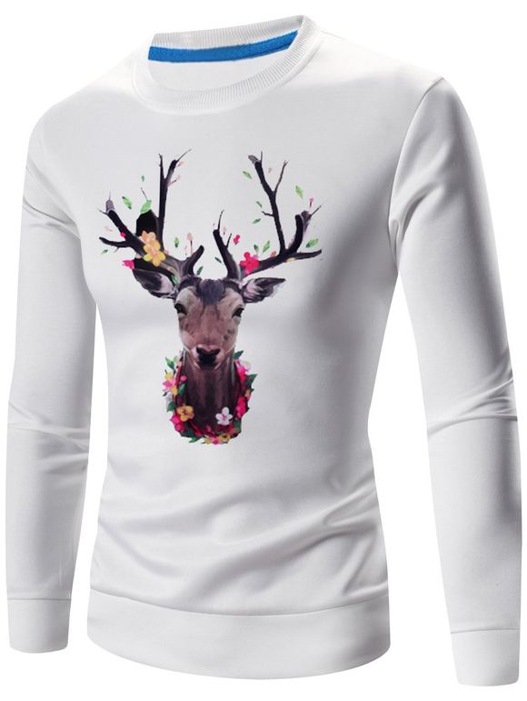 Sweat-shirt 3D Cerf Imprimé Manches Longues à Col Rond - Blanc 3XL