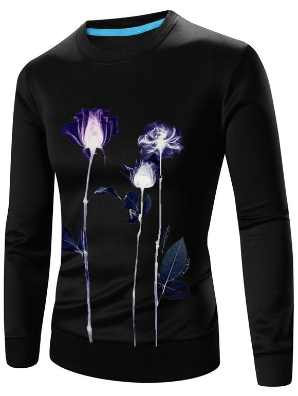Sweat-shirt 3D Floral Imprimé Manches Longues à Col Rond - Noir 2XL