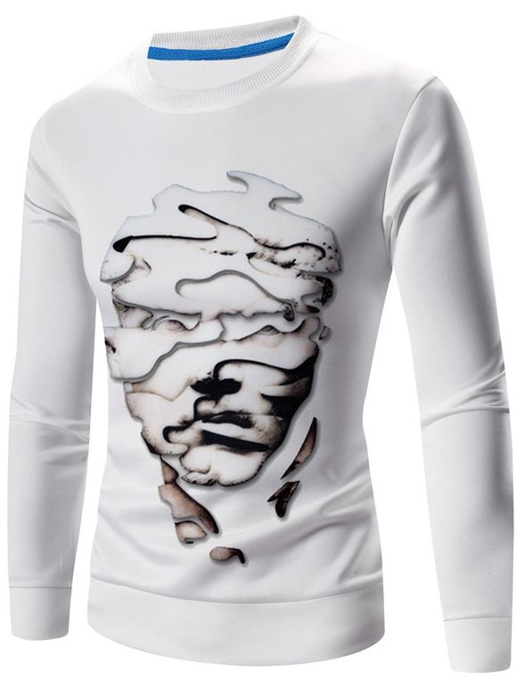 Sweat-shirt 3D Visage Abstrait Imprimé Manches Longues à Col Rond - Blanc M
