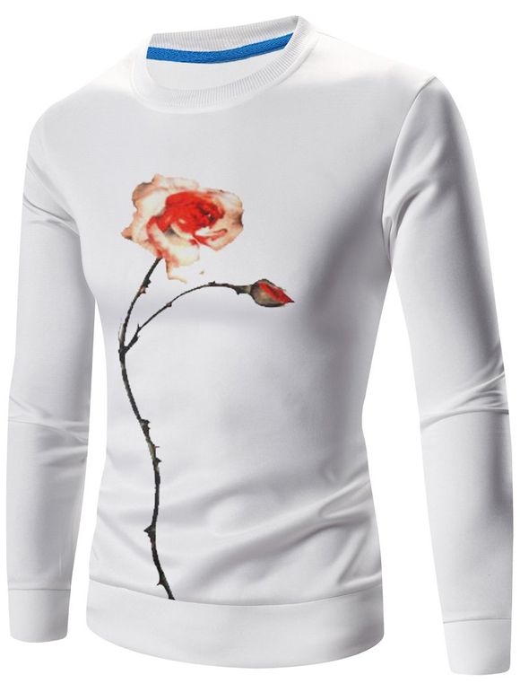 Sweat-shirt 3D Fleur Imprimée Manches Longues à Col Rond - Blanc 2XL