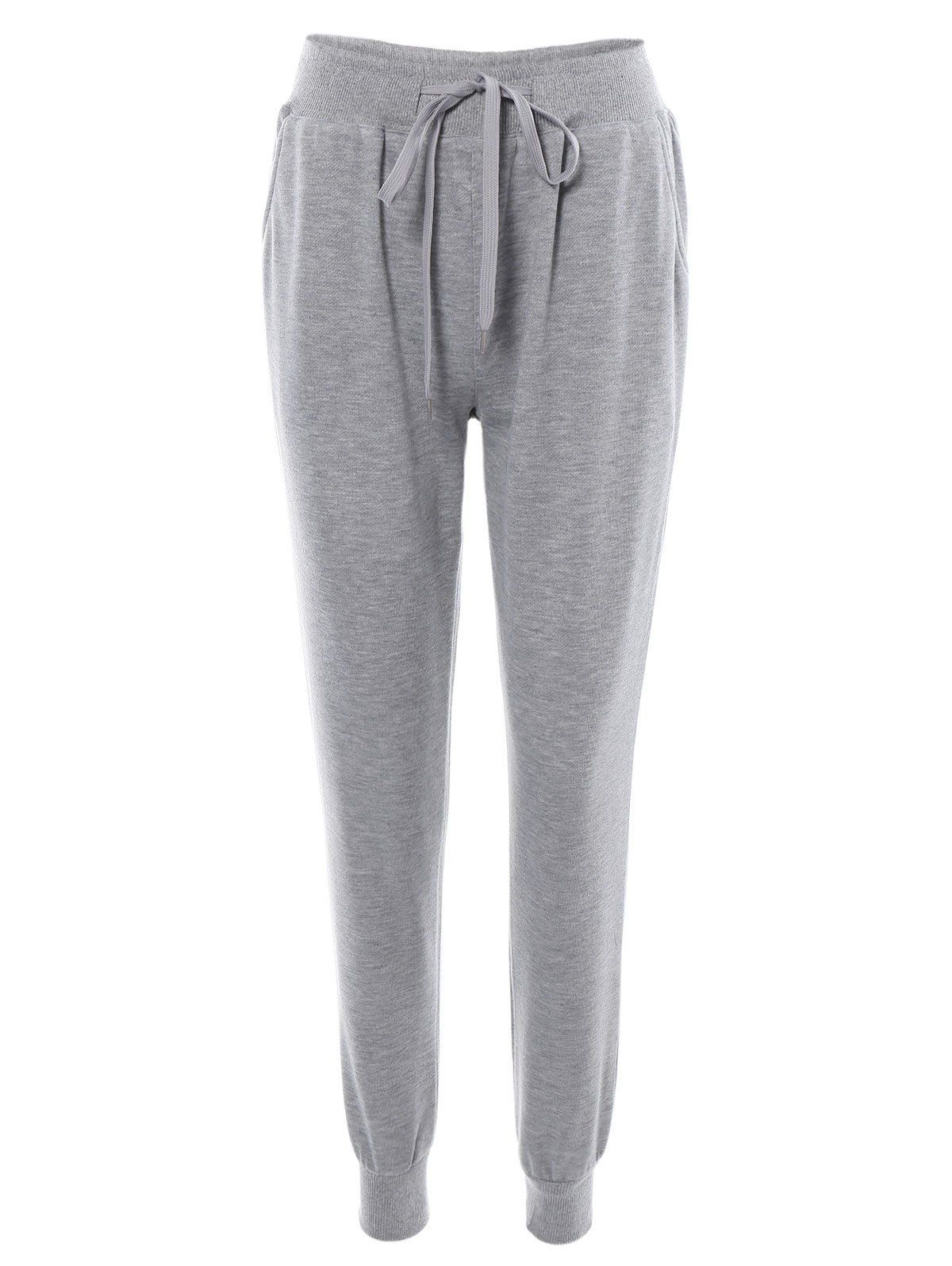 

Mid-Waist Elastic Drawstring Pants, Light gray