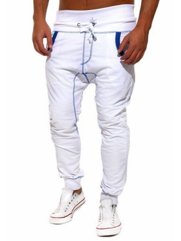 

Color Block Suture Low-Slung Crotch Beam Feet Lace-Up Jogger Pants, White