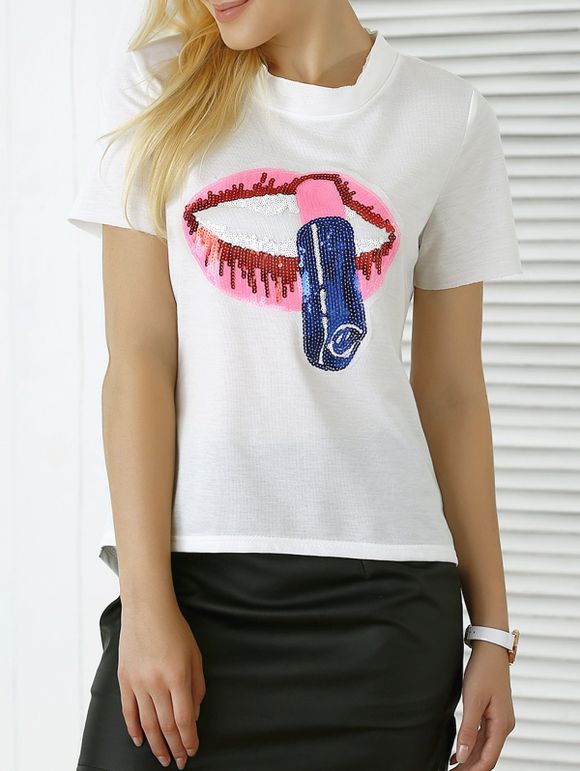 Lip Lipstick Paillettes Asymétrique T-shirt - Blanc XL